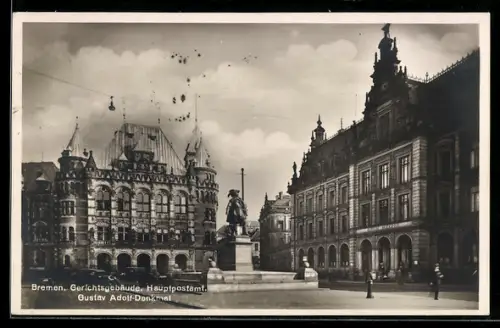 AK Bremen, Gerichtsgebäude, Hauptpostamt, Gustav Adolf-Denkmal