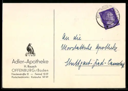 AK Offenburg /Baden, Adler-Apotheke H. Rausch, Friedenstrasse 12, Bestellung