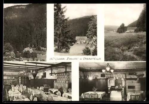 AK Pöbeltal /Erzgeb., HO-Gaststätte Putzmühle, Gastraum, Blick ins Tal