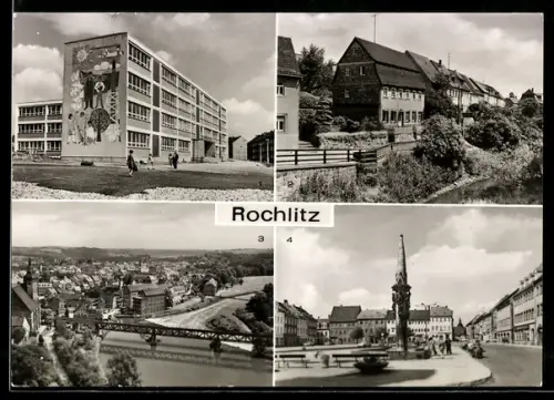 AK Rochlitz, Hermann-Matern-Oberschule, Mühlgraben, Platz der Befreiung mit Wrba-Brunnen, Blick von der Lichten Jupe