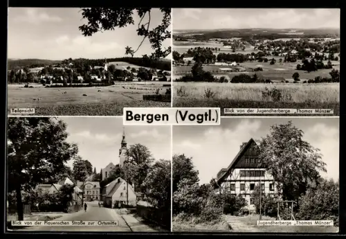 AK Bergen /Vogtl., Teilansicht, Jugendherberge Thomas Münzer, Plauensche Strasse, Blick zur Ortsmitte