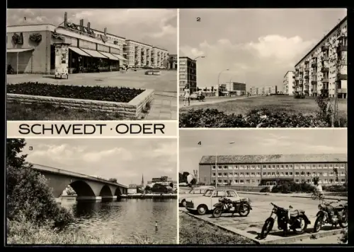 AK Schwedt /Oder, Kaufhalle Marchlewskiring, Marchlewskiring, Oderbrücke, Oberschule im Wohnkomplex 1