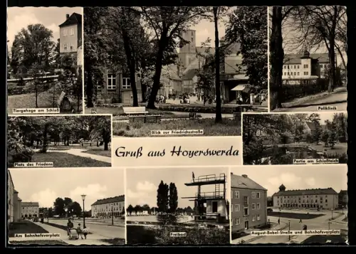 AK Hoyerswerda, Tiergehege am Schloss, Platz des Friedens, Freibad