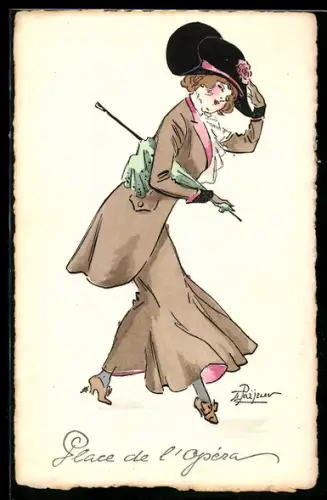 Künstler-AK sign. Prejelan: Elegante Dame mit Hut und Regenschirm unter dem Arm