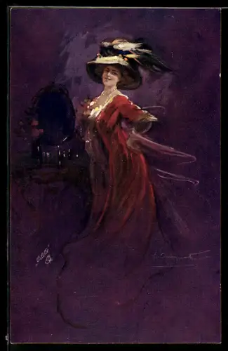 Künstler-AK elegante Dame im roten Kleid mit Hut