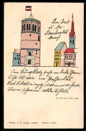 Künstler-AK sign. Ohm Jupp: Ortspartie mit Turm und Kirche