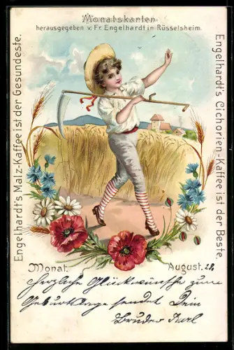 Künstler-Lithographie Junge mit einer Sichel im Feld, in floralem Rahmen, Jugendstil