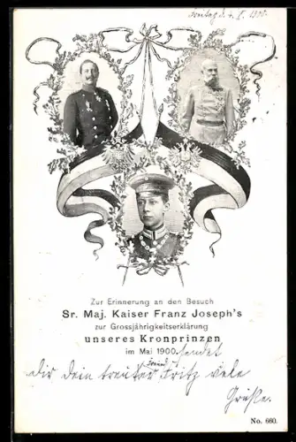 AK Kaiser Franz Josef I. von Österreich, Kronprinz Wilhelm von Preussen, Kaiser Wilhelm II., gerahmte Ansichten, Fahnen