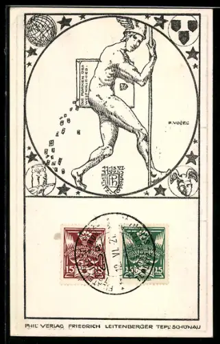 AK Teplitz-Schönau, Filatelistentag 1921, Hermes mit Marken des Weltkrieges