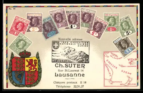 AK Zürich, 1939 Exposition Nationale Suisse, Briefmarken Fiji, Wappen