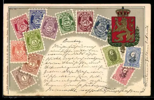 AK Norwegische Briefmarken mit Wappen