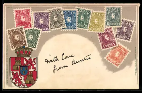 AK Spanische Briefmarken und Wappen