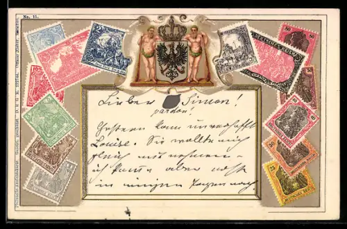AK Deutsch Briefmarken, Wappen mit Adler