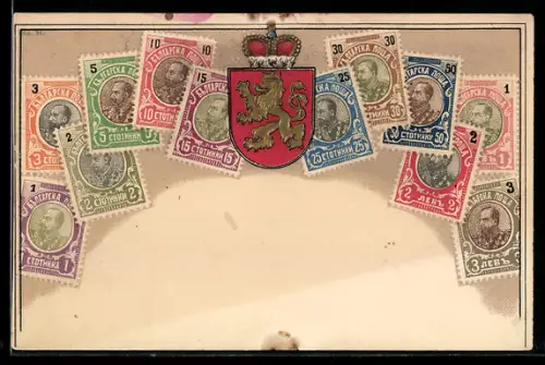 AK Briefmarken und Wappen mit goldenem Löwen