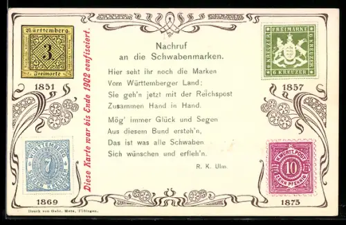 AK Nachruf auf die Briefmarken Württembergs