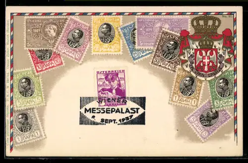 AK Briefmarken mit Profil eines Adligen, Wappen