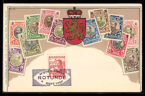 AK Briefmarken und Wappen mit goldenem Löwen