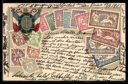 AK Französische Briefmarken mit Wappen