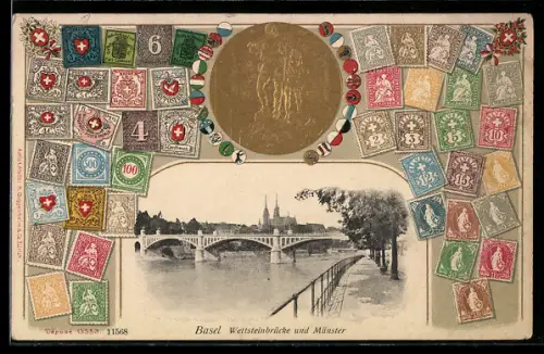 Passepartout-Lithographie Basel, Wettsteinbrücke und Münster, Briefmarken