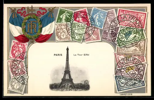 AK Paris, Le Tour Eiffel, Briefmarken und Flaggen