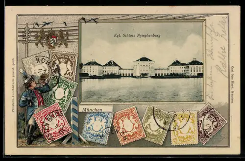 AK München, Kgl. Schloss Nymphenburg, Bayerische Briefmarken