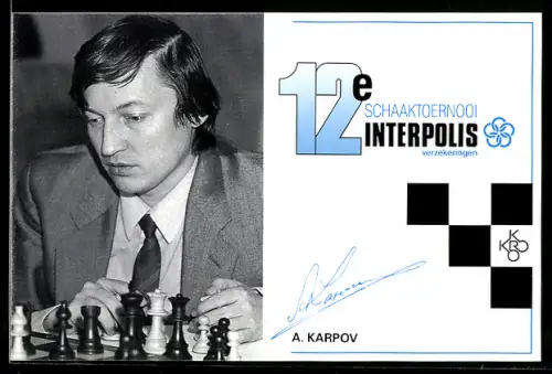 AK Schachspieler A. Karpov bei einem Turnier, 12e Schaaktoernooi Interpolis, Brettspiel, Autograph