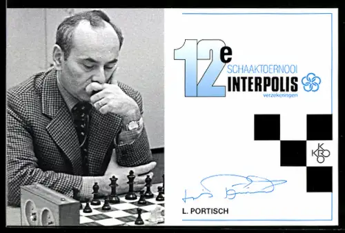 AK Schachspieler L. Portisch denkt über seinen nächsten Zug nach, 12e Schaaktoernooi Interpolis, Autograph
