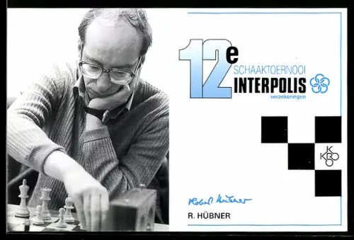 AK Schachturnier, Spieler R. Hübner führt seinen nächsten Zug aus, 12e Schaaktoernooi Interpolis, Autograph