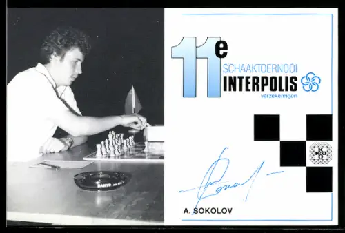 AK Schachspieler A. Sokolov bei einem Turnier, 11e Schaaktoernooi Interpolis, Brettspiel, Autograph