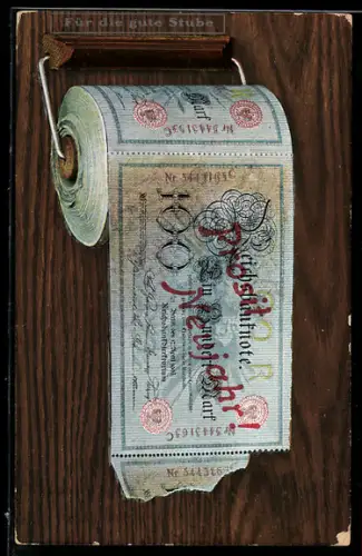 Künstler-AK Berlin, 100 Mark Banknote Klorolle mit Geldscheinen