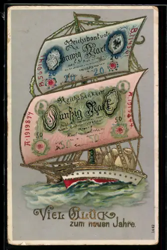AK Reichsbanknoten 20 Mark und 50 Mark als Segel von Segelschiff, Geld