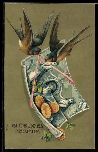 AK Zwei Singvögel mit Reichsbanknote über 100 Mark und Münzen
