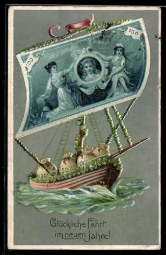 AK Neujahrsgruss, Boot mit Geldschein als Segel, Kleeblatt, Geldsäcke