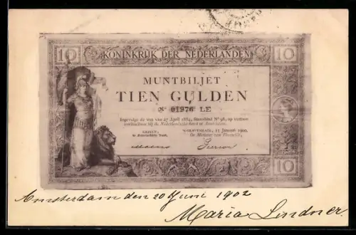 AK Geldschein Niederlande von 1900 über 10 Gulden