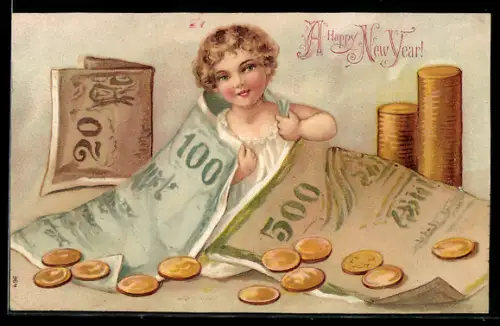 AK Kind mit Banknoten über 100 und 500 Mark sowie Münzen, Geld