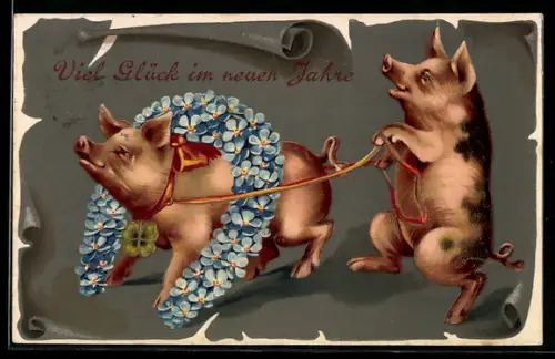 Präge-AK Schwein führt einen Kameraden an der Leine, vermenschlichte Tiere, Viel Glück im neuen Jahr!