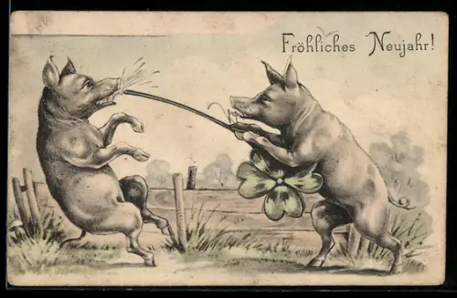 AK Schwein neckt seinen Freund mit einem Kleeblatt, Fröhliches Neujahr! Vermenschlichte Tiere