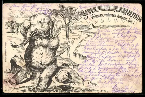 AK Weinender Elefant sitzt auf einem Felsen, vermenschlichte Tiere