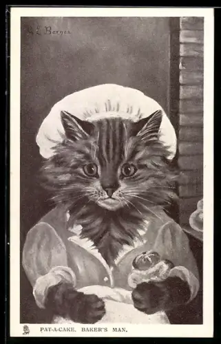 AK Junge Katze mit weisser Haube arbeitet als Bäcker, vermenschlichte Tiere