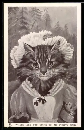 AK Junge Katze als Hausmädchen mit Schürze und Haube, vermenschlichte Tiere