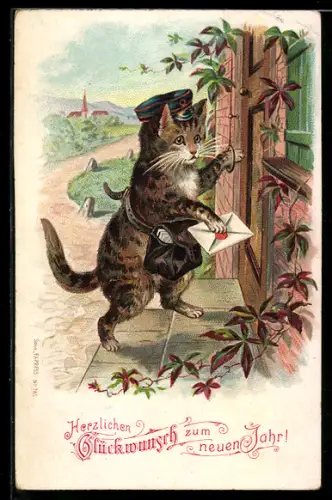Lithographie Katze als Postbote klingelt an der Tür
