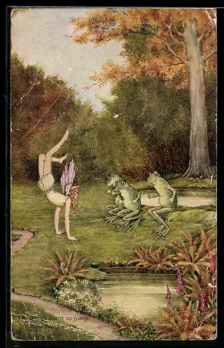 Künstler-AK sign. I. R. Outhwaite: The Frogs learn to jump from the Fairies, Elfe turnt vor den Fröschen auf einer Wiese