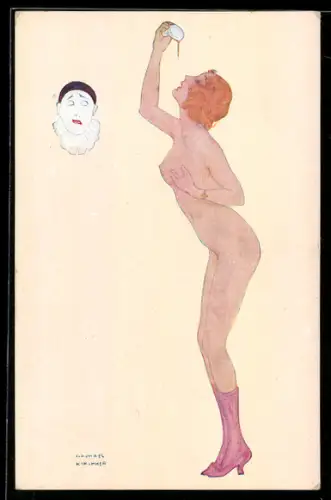 Künstler-AK Raphael Kirchner: La Gourmandise, Nackte Dame und Pierrot-Gesicht