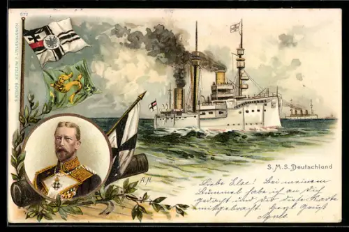 Lithographie Kreuzer S.M.S. Deutschland auf See, Portrait Prinz Heinrich von Preussen, Reichkriegsfahne
