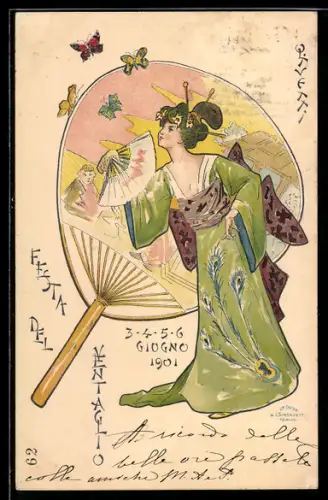 AK Geisha mit Flächer im Jugendstil