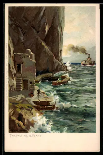 Künstler-AK Zeno Diemer: Tremosine, Il Porto, Dampfer am Hafen