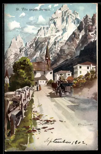 Künstler-AK Zeno Diemer: St. Vito, Teilansicht des Ortes gegen Sorapis