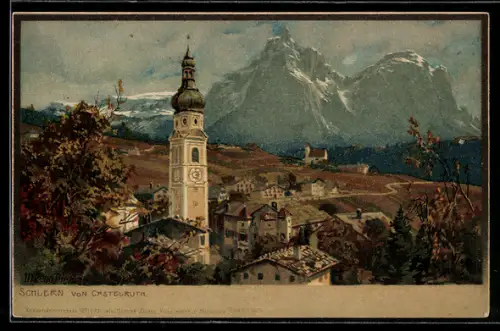 Künstler-AK Zeno Diemer: Schlern, Ortsansicht von Castelruth