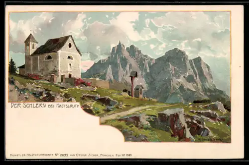 Künstler-AK Zeno Diemer: Kastelruth, Panorama mit Kirche und Schlern