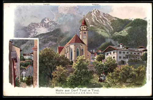 Künstler-AK F.A.C.M. Reisch: Tirol, Kirche, Flurkreuz, Tschigat